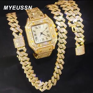 Gold and Silver Iced Out Watch and Bracelet Set